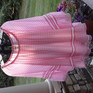 JohnPaulRichard 2X Peasant Blouse Pink White Gingham Bell Sleeve Embroidered
